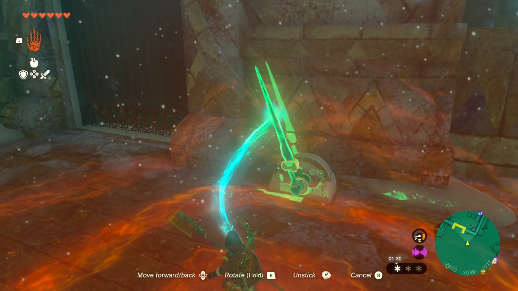 Link using his Ultrahand ability to move a broken lever in Tears of the Kingdom&rsquo;s Wind Temple.
