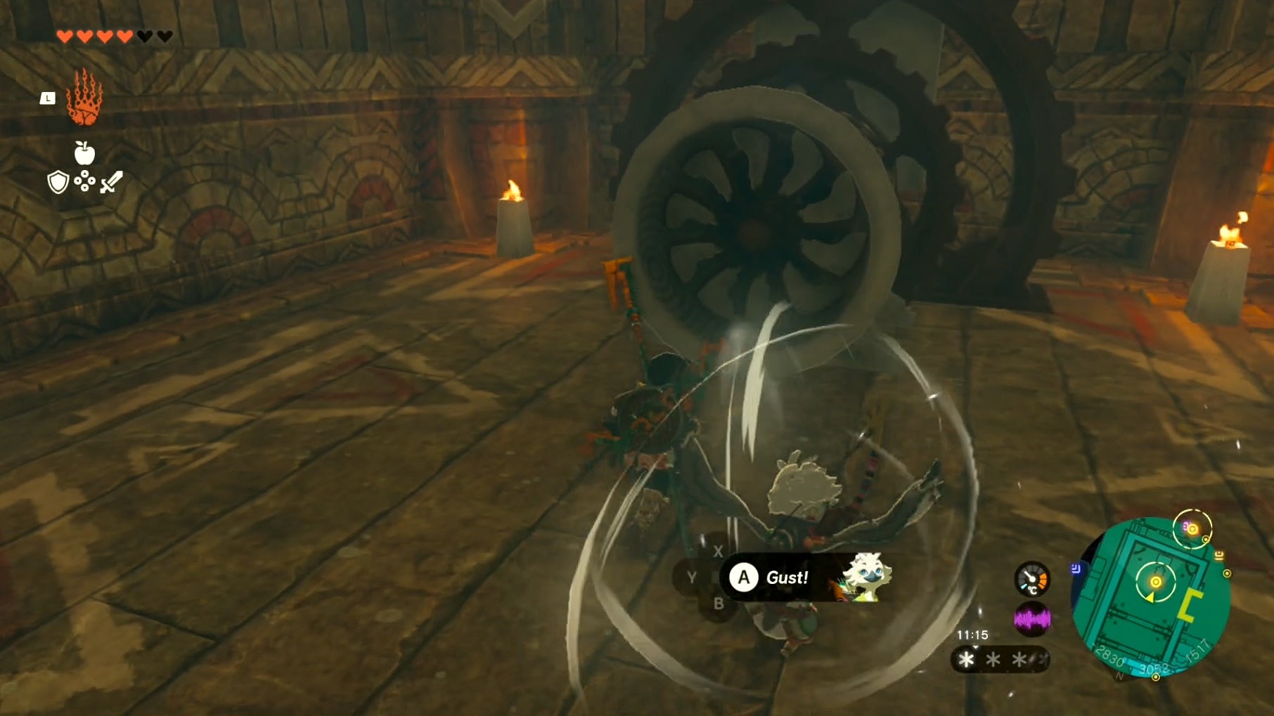 Link getting Tulin to use his Gust ability on a Wind Lock in Tears of the Kingdom&rsquo;s Wind Temple.