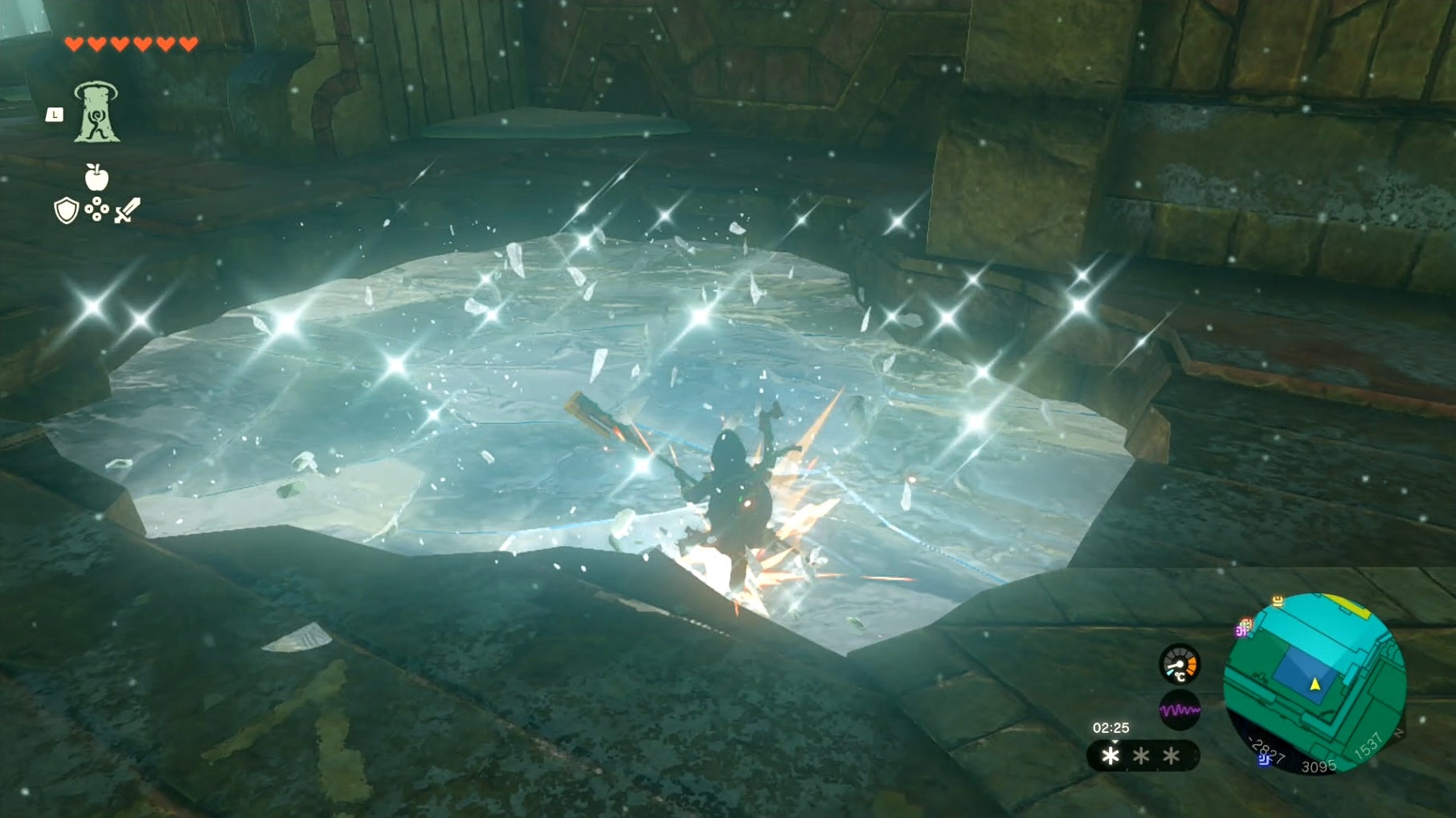 Link trying to break a large piece of ice so he can drop below it in The Legend of Zelda: Tears of the Kingdom.