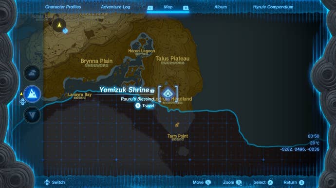Map showing the location of the Yomizuk Shrine in The Legend of Zelda: Tears of the Kingdom.