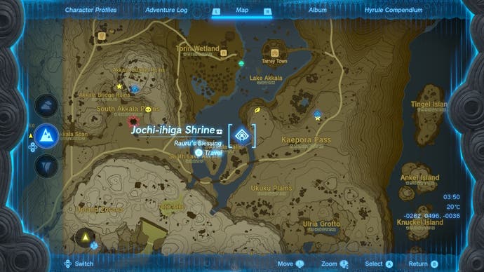 Map showing the location of the Jochi-ihiga Shrine in The Legend of Zelda: Tears of the Kingdom.