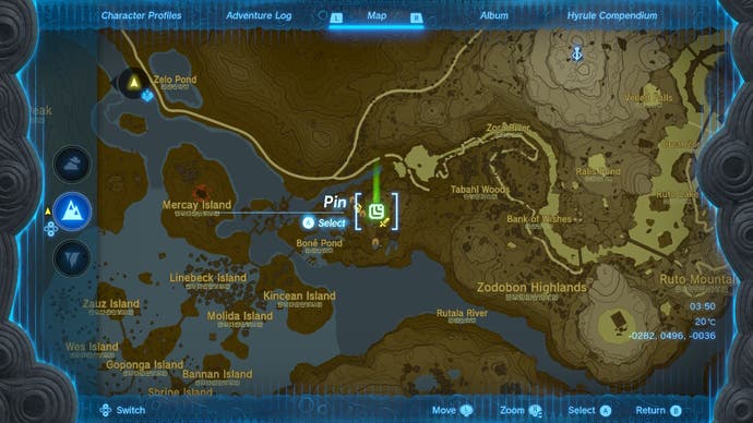 Map showing the location of the Maoikes Shrine in The Legend of Zelda: Tears of the Kingdom.