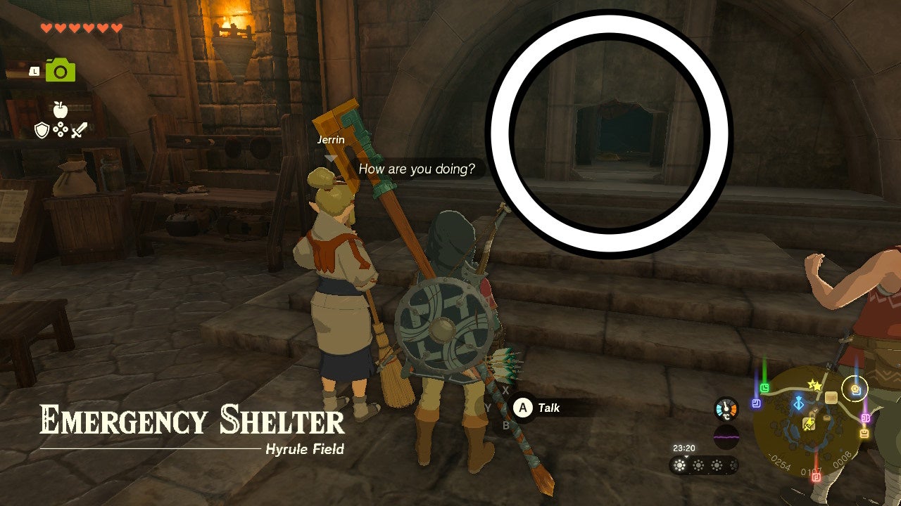 A hole in the Emergency Shelter at Lookout Landing that leads to the Royal Hidden Passage in The Legend of Zelda: Tears of the Kingdom.