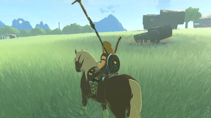 Link riding a horse in The Legend of Zelda: Tears of the Kingdom.