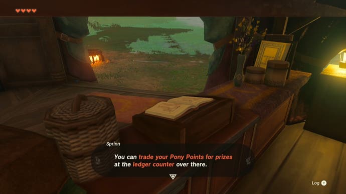 In-game explanation of how players can trade in Pony Points for rewards in The Legend of Zelda: Tears of the Kingdom.