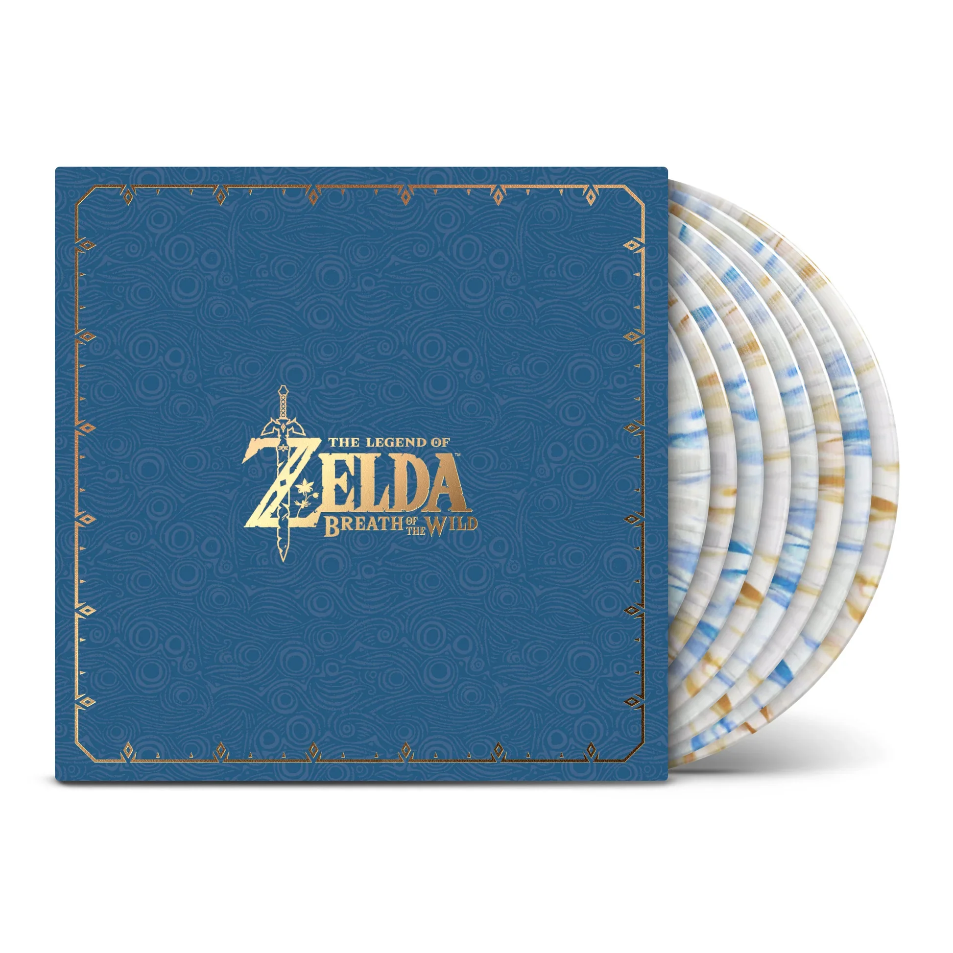 8 discos de vinil Zelda Breath of the Wild coletados em uma caixa azul