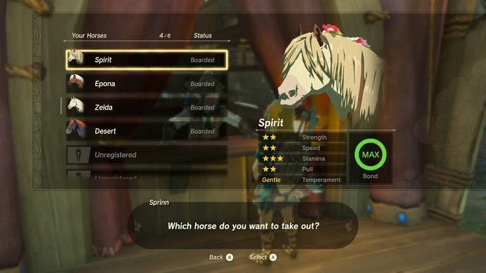 Menu screen showing the horses available to a player at a stable in The Legend of Zelda: Tears of the Kingdom.