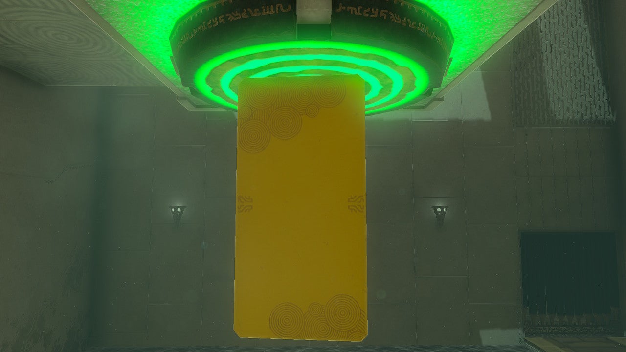 A wooden board hits and activates a glowing green target in the Jonsau Shrine.