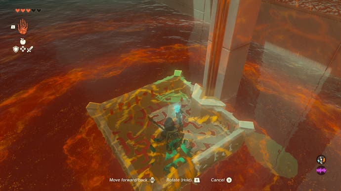 Link using a platform to move through water in the Jonsau Shrine in Tears of the Kingdom.