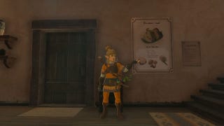 Link standing by a poster which shows a recipe in The Legend of Zelda: Tears of the Kingdom.
