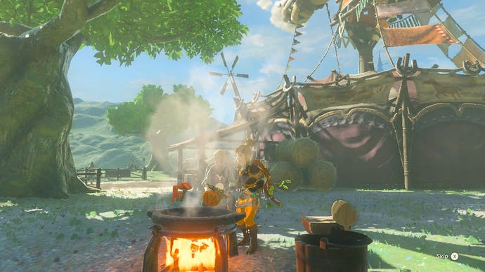 Link using a cooking pot in The Legend of Zelda: Tears of the Kingdom.