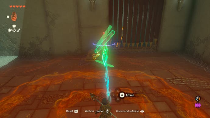 Link using his Ultrahand ability to move a broken lever in the Riogok Shrine.