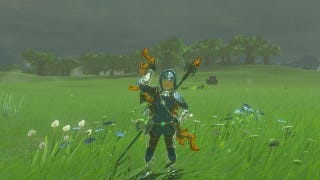 Link wearing the Zora Armor in The Legend of Zelda: Tears of the Kingdom. He appears to be smiling and waving.