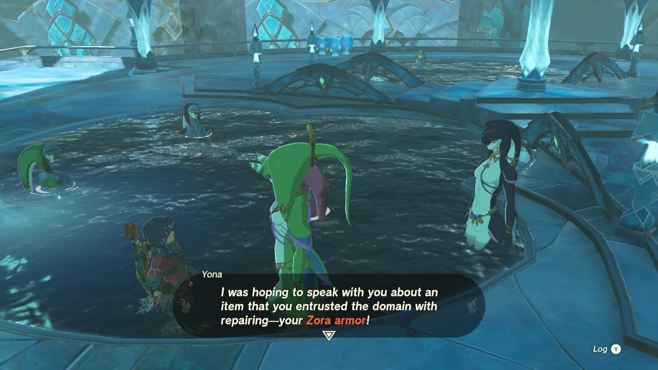 Link talking to Yona as he treads water in a pool at the Zora&rsquo;s Domain location.