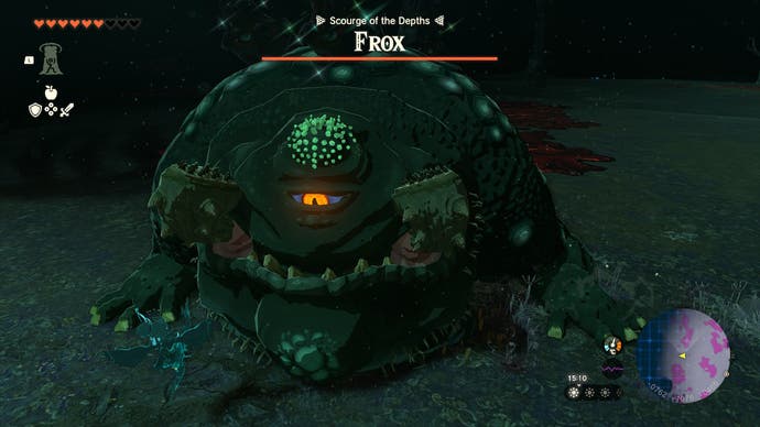 Link fighting the monstrous Frox mini-boss, which resembles a giant frog, in The Legend of Zelda: Tears of the Kingdom.