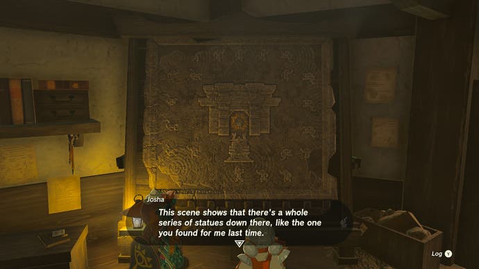 Link talking to Josha at Lookout Landing about a temple that's hidden away in the Depths.