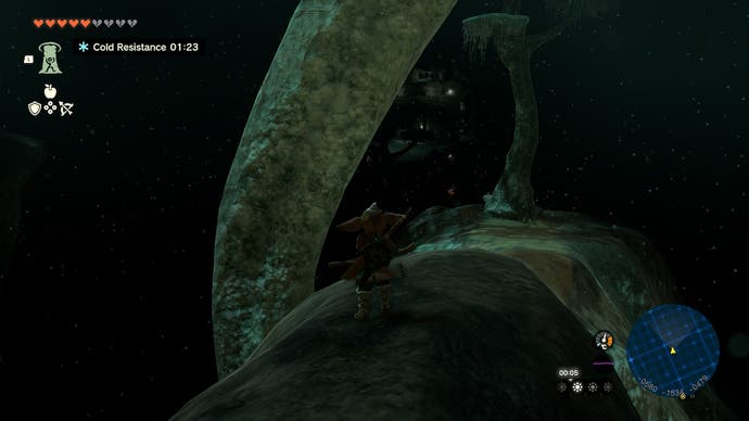 Link walking along a dark, narrow ledge in the Depths in The Legend of Zelda: Tears of the Kingdom.