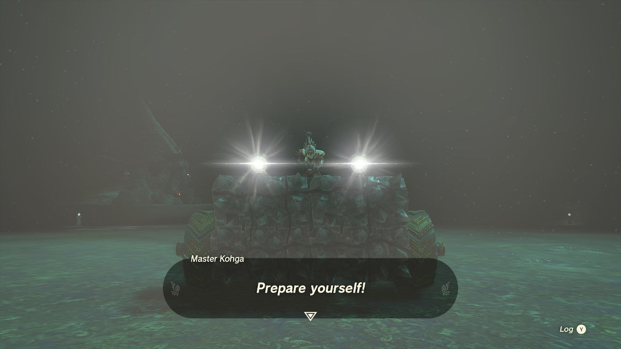 Master Kohga taunting Link ahead of a boss battle in The Legend of Zelda: Tears of the Kingdom.