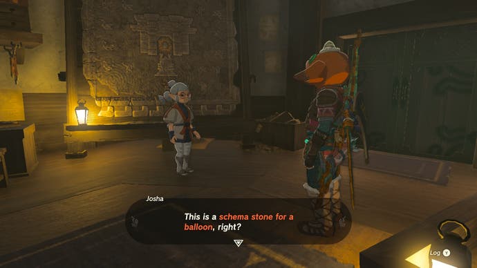 Link talking to Josha after receiving a Schema Stone for a hot air balloon in Tears of the Kingdom.