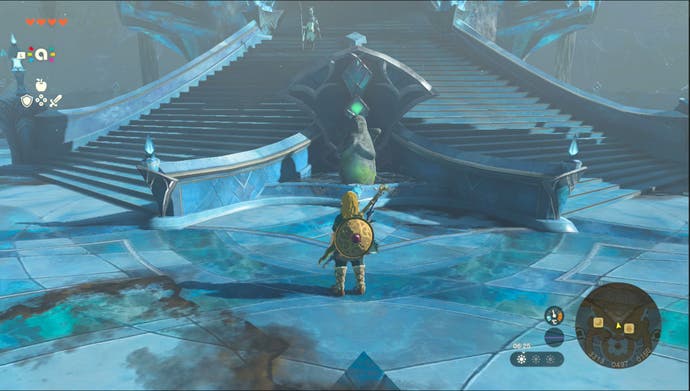 Link standing by the Zora’s Domain Goddess Statue in the Upload Zorana region in Zelda: Tears of the Kingdom.