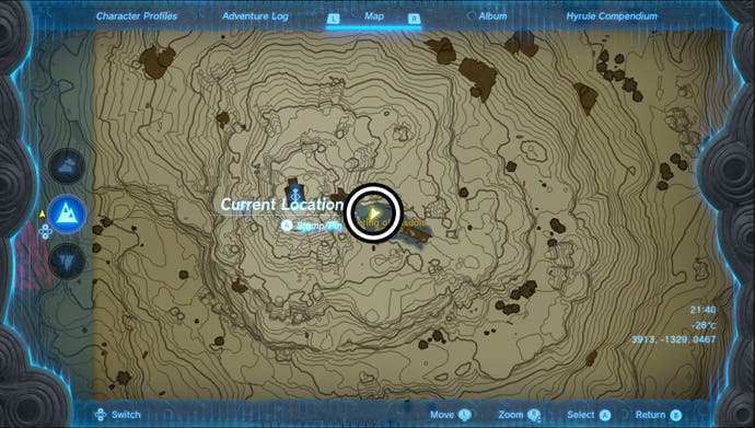 Map showing the Spring of Wisdom Goddess Statue location on Mount Lanayru in The Legend of Zelda: Tears of the Kingdom.