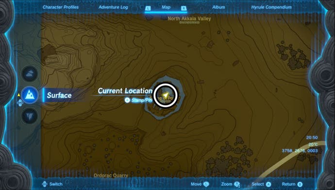 Map showing the Spring of Courage Goddess Statue location in the Ulri Mountain region in Zelda: Tears of the Kingdom.
