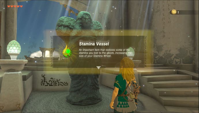 Link using a Goddess Statue to get a Stamina Vessel in The Legend of Zelda: Tears of the Kingdom.