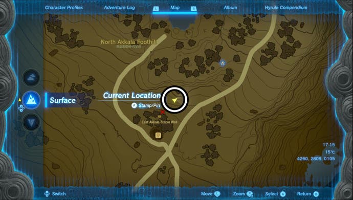Map showing the East Akkala Stable Well Goddess Statue location in The Legend of Zelda: Tears of the Kingdom.