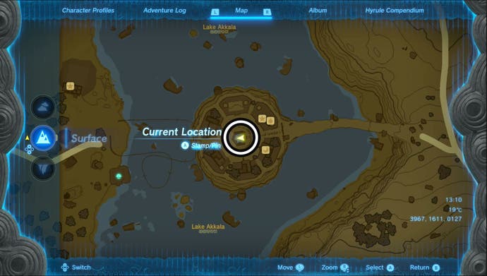 Map showing the Tarrey Town Goddess Statue location in The Legend of Zelda: Tears of the Kingdom.