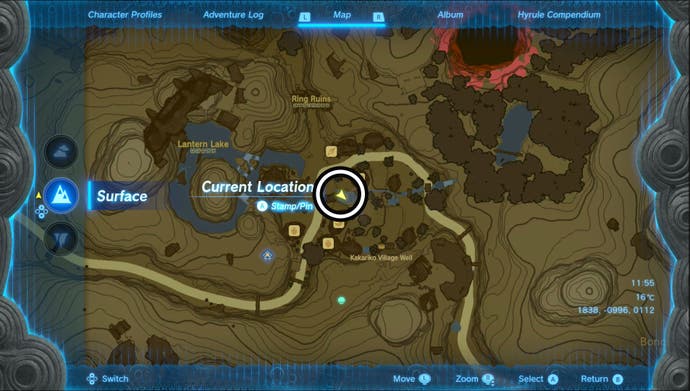 Map showing the Kakariko Village Goddess Statue location in The Legend of Zelda: Tears of the Kingdom.