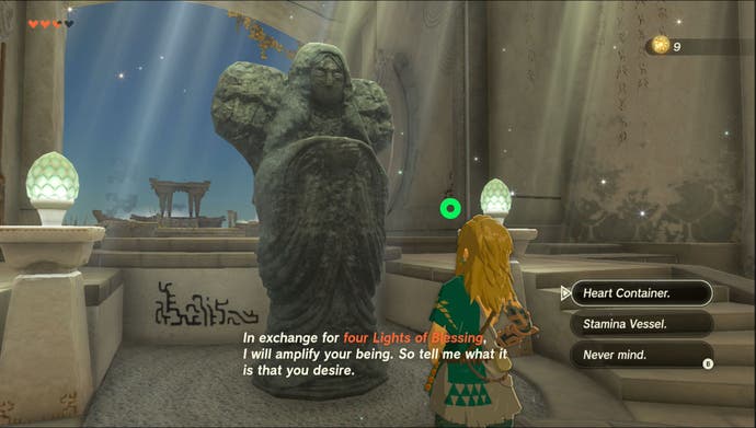 Link exchanging Light of Blessings at a Goddess Statue in The Legend of Zelda: Tears of the Kingdom.