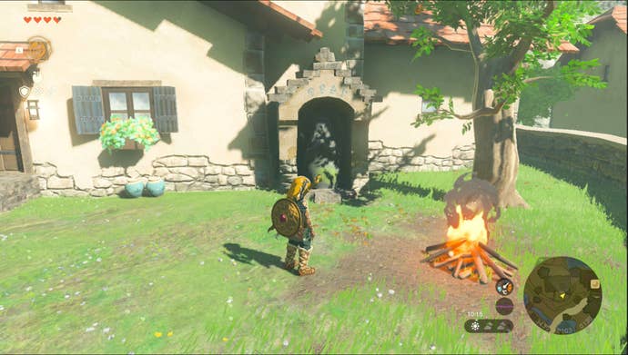 Link standing by the Hateno Village Goddess Statue in the Mount Lanayru region in Zelda: Tears of the Kingdom.