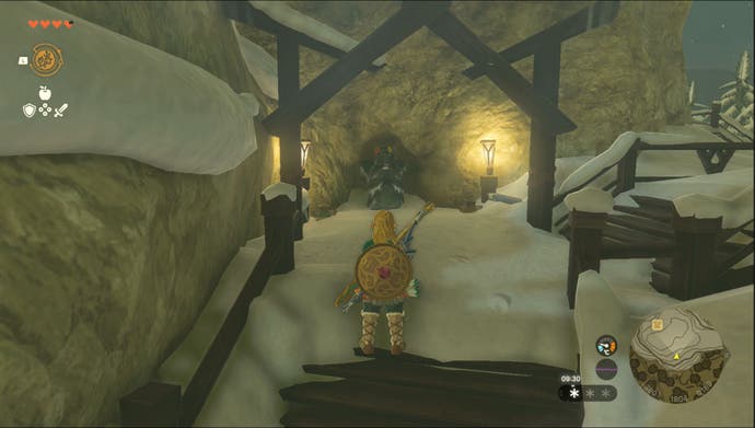 Link standing by the Rito Village Goddess Statue in the Rospro Pass region in Zelda: Tears of the Kingdom.
