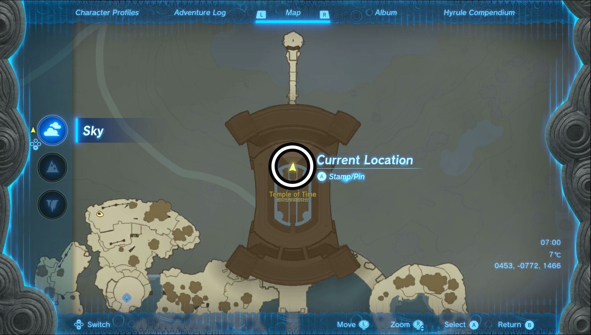 Map showing the Temple of Time Goddess Statue location in The Legend of Zelda: Tears of the Kingdom.