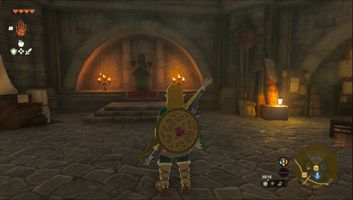 Link standing by the Emergency Shelter Goddess Statue in Lookout Landing in Zelda: Tears of the Kingdom.