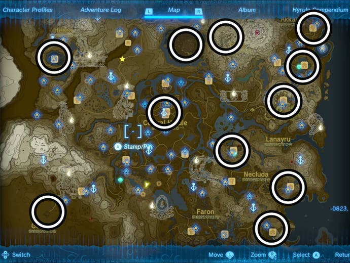 Map showing locations of Goddess Statues in Zelda: Tears of the Kingdom.
