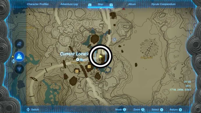 Map showing the Goron City Goddess Statue location in The Legend of Zelda: Tears of the Kingdom.