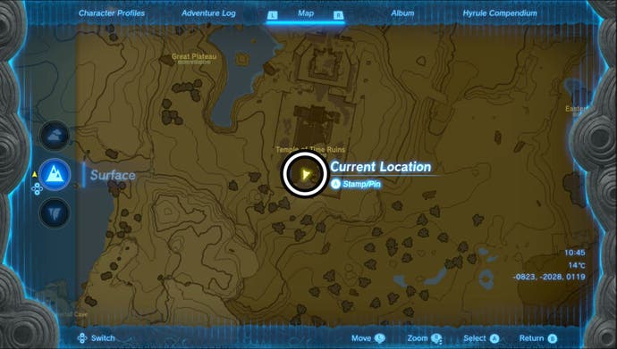 Map showing the Grand Plateau Goddess Statue location in the Hyrule Field region in Zelda: Tears of the Kingdom.