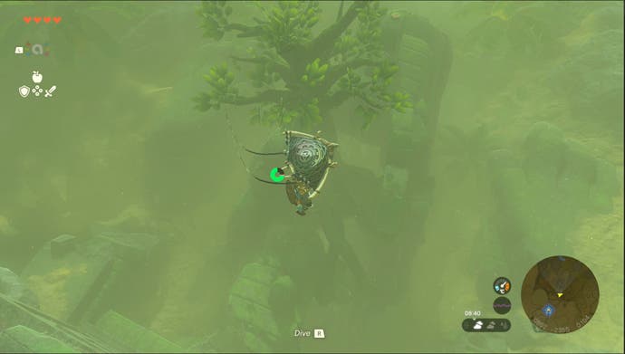 Link gliding towards the Zonai ruins in The Legend of Zelda: Tears of the Kingdom.