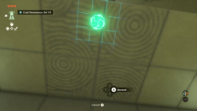 A first-person view showing a glowing green orb floating on a wall with a grid surrounding it in The Legend of Zelda: Tears of the Kingdom.