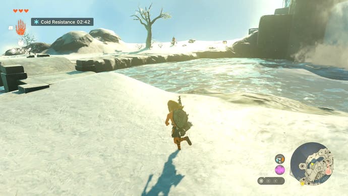 Image showing Link near a small bridge and a pool of water in a cold, frosty area in The Legend of Zelda: Tears of the Kingdom.