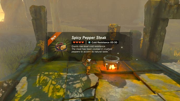 Image taken from The Legend of Zelda: Tears of the Kingdom showing an in-game description of the Spicy Pepper Steak, which a player cooked on their way to the Gutanbac Shrine.