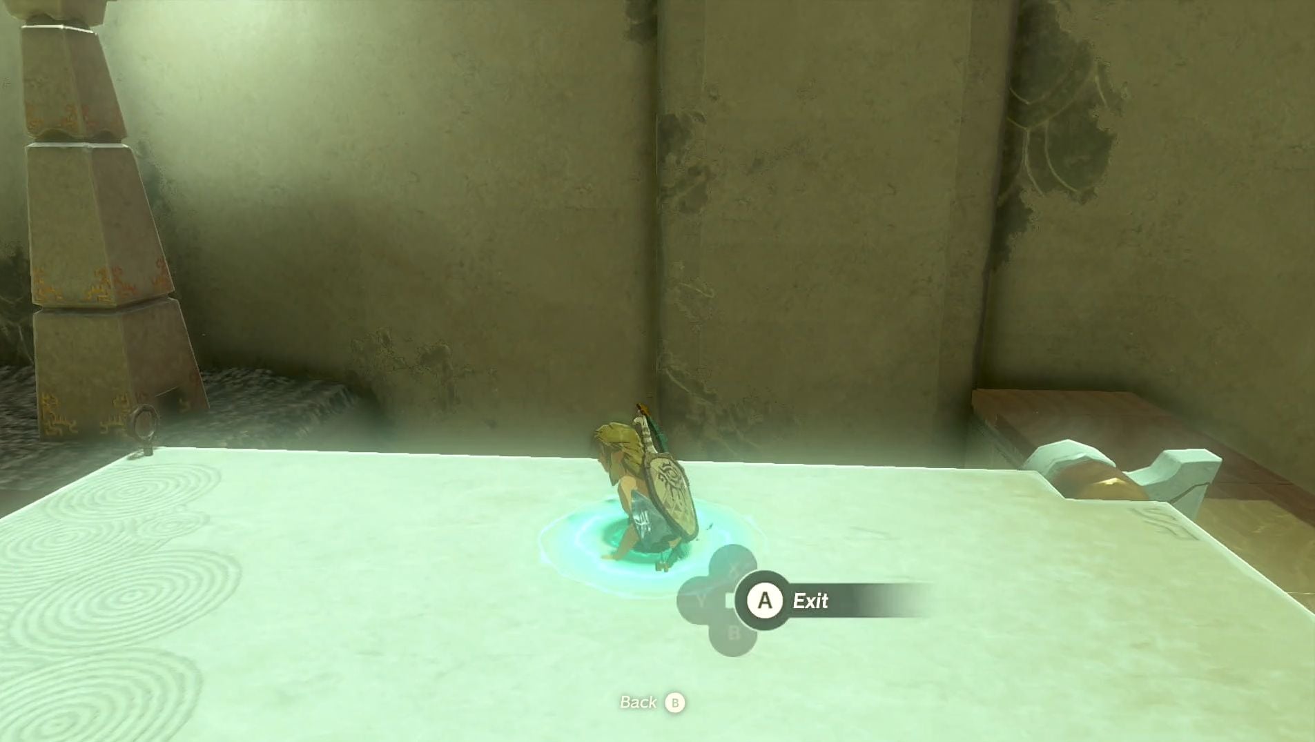 Link using the Ascend ability on a platform in the Gutanbac Shrine in The Legend of Zelda: Tears of the Kingdom.