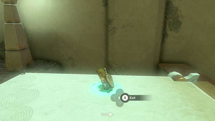 Link using the Ascend ability on a platform in the Gutanbac Shrine in The Legend of Zelda: Tears of the Kingdom.