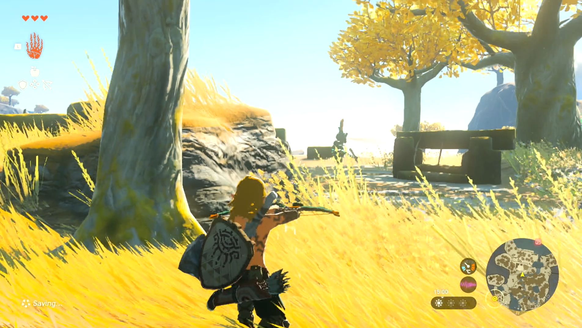 Link drawing his crossbow as he approaches a far-away enemy in The Legend of Zelda: Tears of the Kingdom.