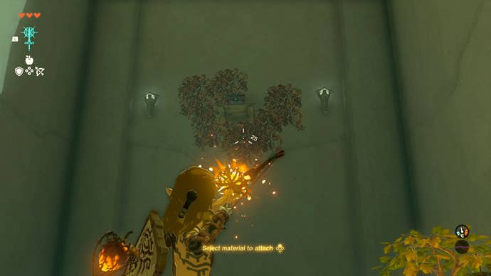 Link getting ready to shoot an arrow that has been fused with a Fire Fruit in The Legend of Zelda: Tears of the Kingdom.