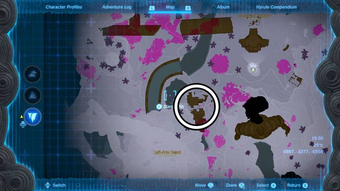 Map showing the location of the Left-Arm Depot in The Legend of Zelda: Tears of the Kingdom.