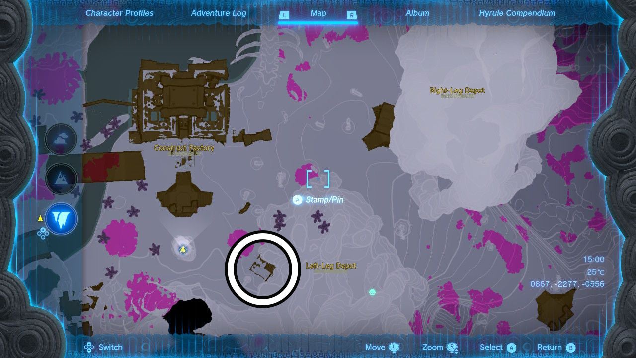 Map showing the location of the Left-Leg Depot in The Legend of Zelda: Tears of the Kingdom.