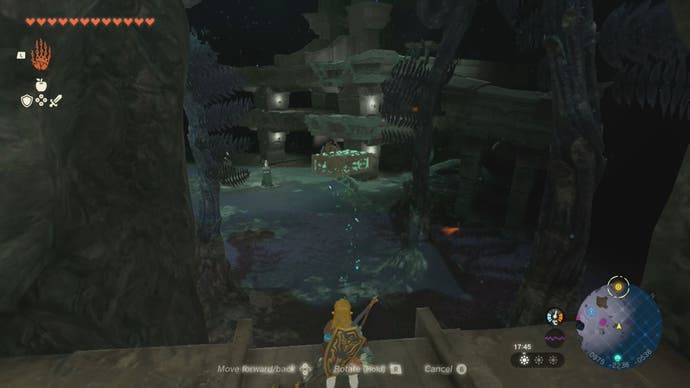 Link dropping the Left-Leg over a ledge and moving it towards the Construct in Zelda: Tears of the Kingdom.