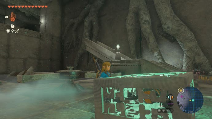 Link moving the Construct's left-leg as he explores the Left-Leg Depot in The Legend of Zelda: Tears of the Kingdom.
